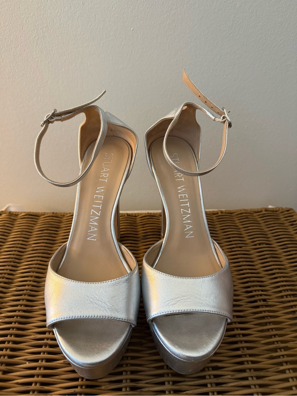 Stuart Weitzman Metallic Silver Ankle-Strap Platform Sandals